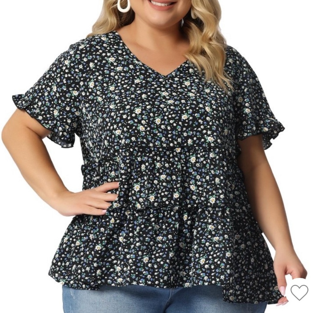 NWT AGNES ORINDA Plus Boho Ruffle Tiered Babydoll Blouse Black Floral 1X